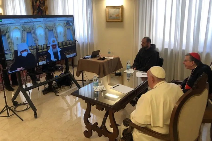 Pope Francis takes part in a video call with Patriarch Kirill on March 16, 2022.?w=200&h=150