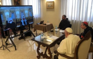 Pope Francis takes part in a video call with Patriarch Kirill, March 16, 2022. Vatican Media.