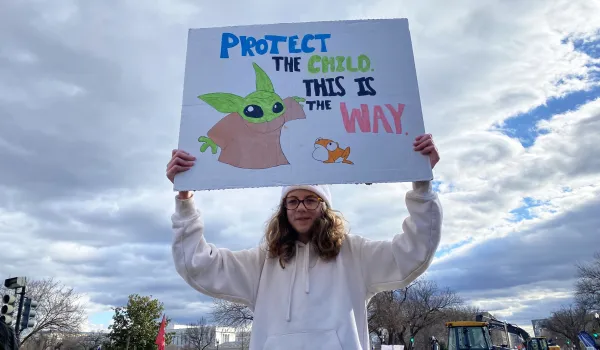 Young pro-life marchers carry Baby Yoda signs at the March for Life in Washington, D.C., on Jan. 20, 2023. Katie Yoder/CNA