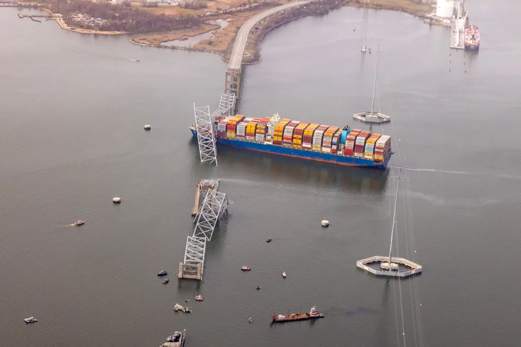 In an aerial view, cargo ship Dali is seen after running into and collapsing the Francis Scott Key Bridge on March 26, 2024, in Baltimore.?w=200&h=150