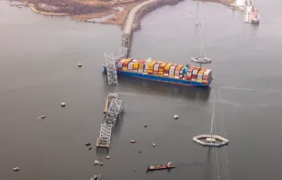 In an aerial view, cargo ship Dali is seen after running into and collapsing the Francis Scott Key Bridge on March 26, 2024, in Baltimore. Credit: Tasos Katopodis/Getty Images