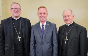 Bishop Robert Barron of Winona-Rochester, left, and Bishop Thomas Paprocki of Springfield, Illinois, with Andrew Hansen, director of communications for the Diocese of Springfield in Illinois. Credit: Diocese of Springfield, Illinois