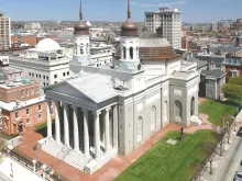A view of Baltimore's Basilica nestled amid the city's famed row houses.
