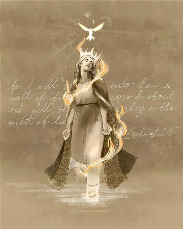 A digital commission from 2023 by Mattie Karr. The digital painting is based on Zechariah 2:5, "For I will be unto her a wall of fire round about and will be the glory in the midst of her." The image symbolizes that anyone who is baptized is anointed priest prophet and king, with a robe symbolizing priest, sandals for prophet, and a ring and crown for king. The pose recalls someone taking a "blind step of faith." Credit: Courtesy of Mattie Karr