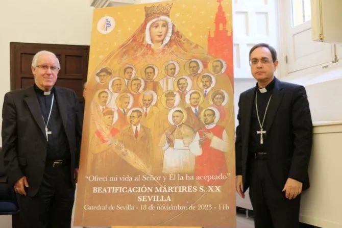 The archbishop of Seville, Spain, José Ángel Saiz Meneses, and his auxiliary, Bishop Teodoro León Muñoz, at a press conference announcing the Nov. 18, 2023, beatification of the Spanish martyrs.?w=200&h=150