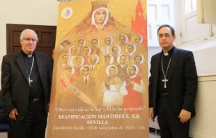 The archbishop of Seville, Spain, José Ángel Saiz Meneses, and his auxiliary, Bishop Teodoro León Muñoz, at a press conference announcing the Nov. 18, 2023, beatification of the Spanish martyrs. Credit: Archdiocese of Seville