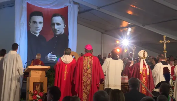The beatification Mass for Father Giuseppe Bernardi and Father Mario Ghibaudo at Our Lady of the Woods in Boves, Italy, on Oct. 16, 2022. Screenshot from Diocese of Cunio livestream.