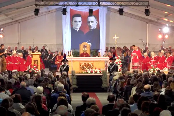 The beatification Mass for Father Giuseppe Bernardi and Father Mario Ghibaudo at Our Lady of the Woods in Boves, Italy, on Oct. 16, 2022. Screenshot from Diocese of Cunio livestream.