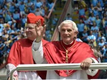Pope Benedict XVI at the World Family Meeting in Milan with Cardinal Angelo Scola on June 4, 2012.