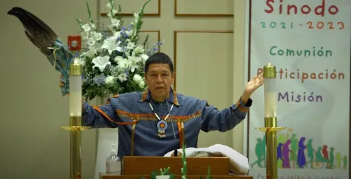 Michael Madrigal, a lay minister in the Diocese of San Bernardino, recites the “Native American Prayer to the Four Directions” at the beginning of the diocese’s opening Mass for the Synod on Synodality, Oct. 17, 2021 at Holy Angels Church in Riverside, California.?w=200&h=150
