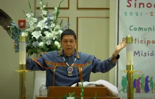 Michael Madrigal, a lay minister in the Diocese of San Bernardino, recites the “Native American Prayer to the Four Directions” at the beginning of the diocese’s opening Mass for the Synod on Synodality, Oct. 17, 2021 at Holy Angels Church in Riverside, California. Screen grab photo of YouTube video.