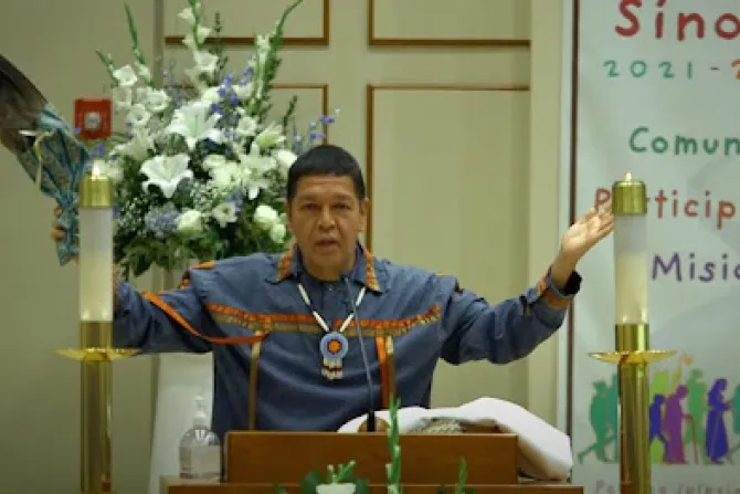 Michael Madrigal, a lay minister in the Diocese of San Bernardino, recites the “Native American Prayer to the Four Directions” at the beginning of the diocese’s opening Mass for the Synod on Synodality, Oct. 17, 2021 at Holy Angels Church in Riverside.