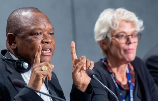 Cardinal Fridolin Ambongo Besungu, archbishop of Kinshasa, speaks during a press briefing on the Amazon Synod at the Holy See Press Office on Oct. 22, 2019. Speaking at a press conference for the Synod on Synodality at the Vatican on Oct. 7, 2023, the Congolese cardinal said the initiative is providing “new ways to address problems, whatever they are” with “a spirit of synodality.” Credit: Daniel Ibañez/CNA