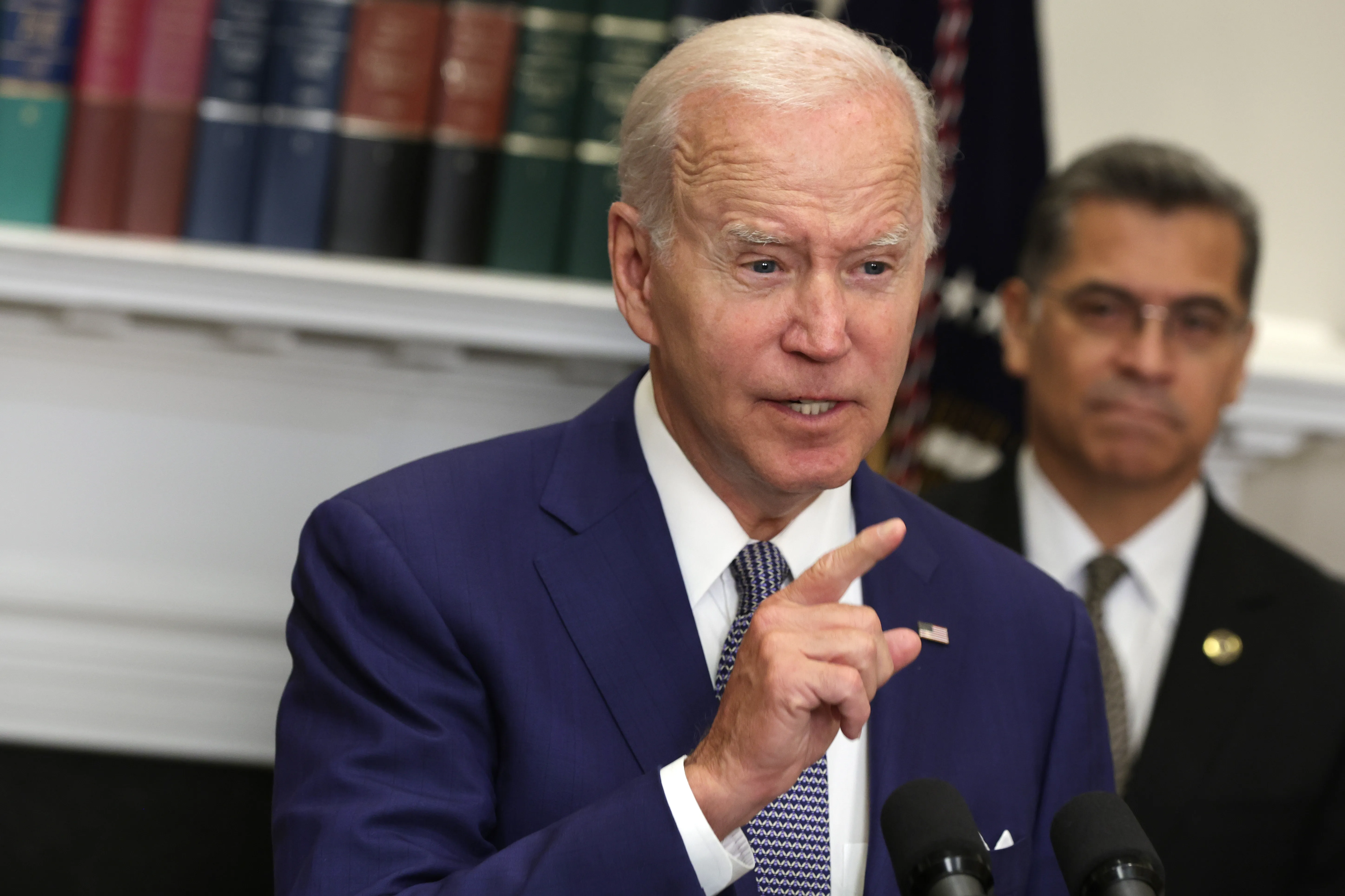 President Joe Biden delivers remarks on reproductive rights as Secretary of Health and Human Services Xavier Becerra listens during an event at the Roosevelt Room of the White House on July 8, 2022 in Washington, D.C.?w=200&h=150
