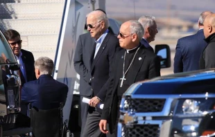 Bishop Seitz welcomes President Biden at the El Paso airport as he begins his first trip to the border as president Jan. 8, 2023. Diocese of El Paso