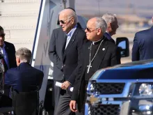 Bishop Seitz welcomes President Biden at the El Paso airport as he begins his first trip to the border as president Jan. 8, 2023.