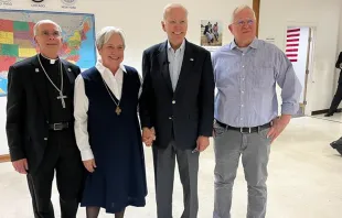 Key Catholic leaders ministering to migrants at the border pose for a photograph with President Joe Biden Jan. 8, 2023. Left to right: Bishop Seitz of El Paso, Texas; Sister Norma Pimental of Brownsville, Texas; and Ruben Garcia, director of migrant shelter Annunciation House. Diocese of El Paso