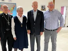 Key Catholic leaders ministering to migrants at the border pose for a photograph with President Joe Biden Jan. 8, 2023. Left to right: Bishop Seitz of El Paso, Texas; Sister Norma Pimental of Brownsville, Texas; and Ruben Garcia, director of migrant shelter Annunciation House.