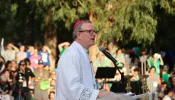 Bishop Robert Barron speaks to tens of thousands of young people at a World Youth Day gathering in Lisbon, Portugal, Aug. 2, 2023.