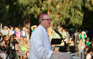 Bishop Robert Barron speaks to tens of thousands of young people at a World Youth Day gathering in Lisbon, Portugal, Aug. 2, 2023. The event, hosted by the U.S. bishops’ conference, culminated in a eucharistic procession and Holy Hour. Credit: Nuria Chiccon/EWTN News