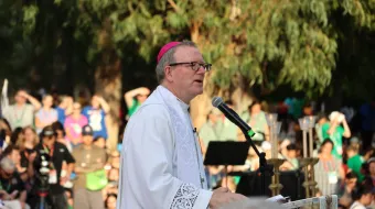 Bishop Robert Barron speaks to tens of thousands of young people at a World Youth Day gathering in Lisbon, Portugal, Aug. 2, 2023.