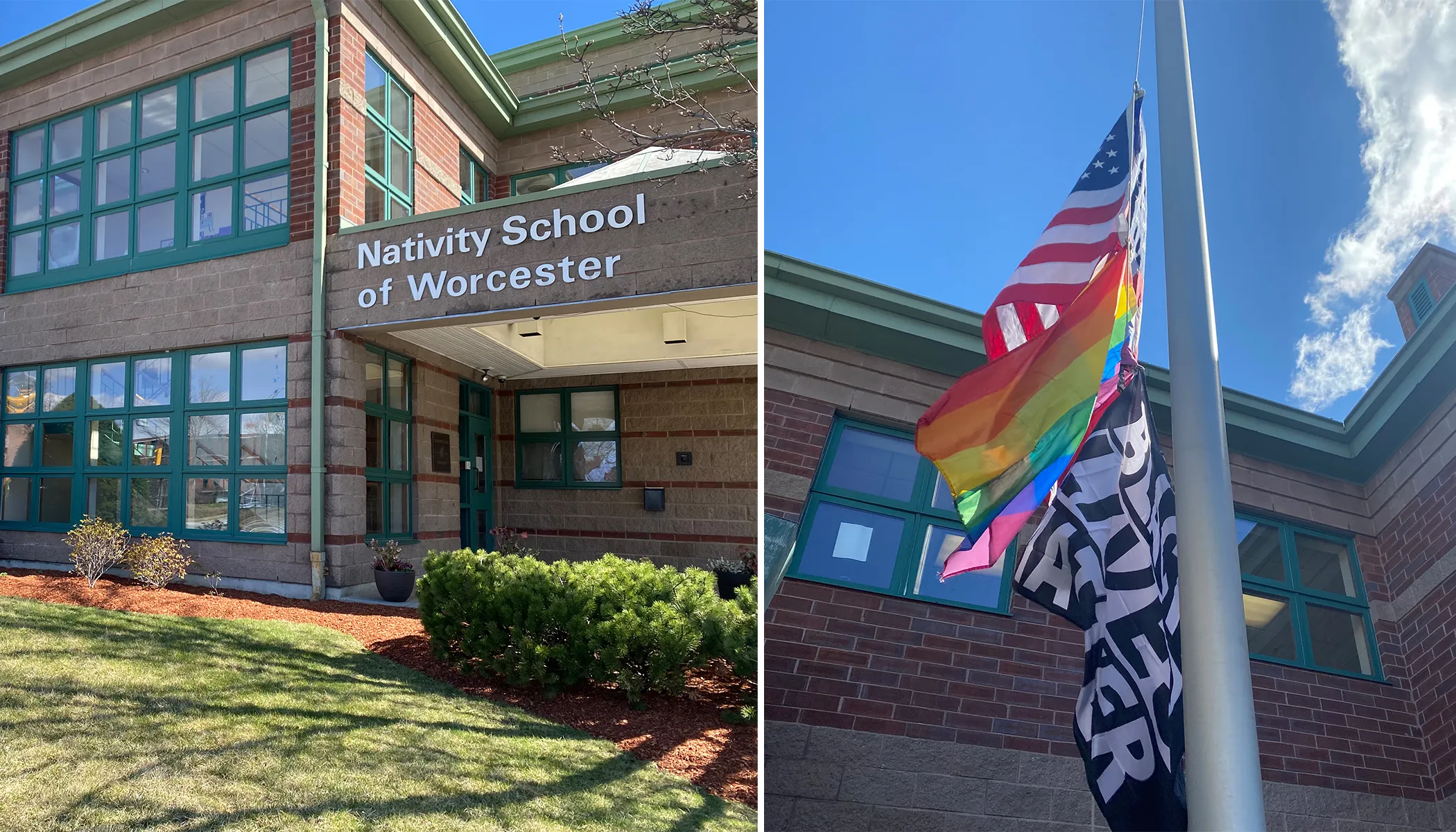 Black Lives Matter flag and LGBT pride flag fly outside Nativity School of Worcester, a Jesuit middle school in the diocese of Worcester, Massachusetts, in April 2022.?w=200&h=150