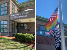 Black Lives Matter flag and LGBT pride flag fly outside Nativity School of Worcester, a Jesuit middle school in the diocese of Worcester, Massachusetts, in April 2022.