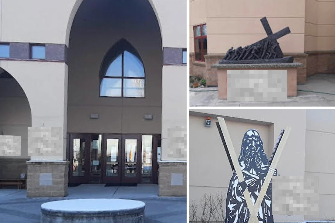 This photo shows the extent of the damage to St. Andrew Catholic Church. It has been edited to blur the spraypainted phallic images.?w=200&h=150