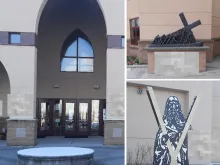 This photo shows the extent of the damage to St. Andrew Catholic Church. It has been edited to blur the spraypainted phallic images.
