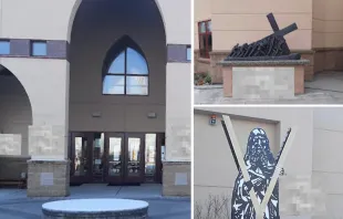 This photo shows the extent of the damage to St. Andrew Catholic Church. It has been edited to blur the spraypainted phallic images. St. Andrew Catholic Church
