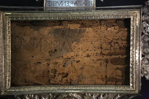 The Titulus Crucis, the title panel of the True Cross on which Jesus was crucified. In Latin, Greek and Hebrew, it says "Jesus the Nazarene King of the Jews." Daniel Ibanez