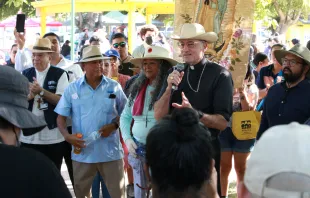 Bishop Joseph Brennan of Fresno speaks at a rally of the UFW march for a labor union voting rights bill in Calwa, Calif., Aug. 11, 2022. Diocese of Fresno