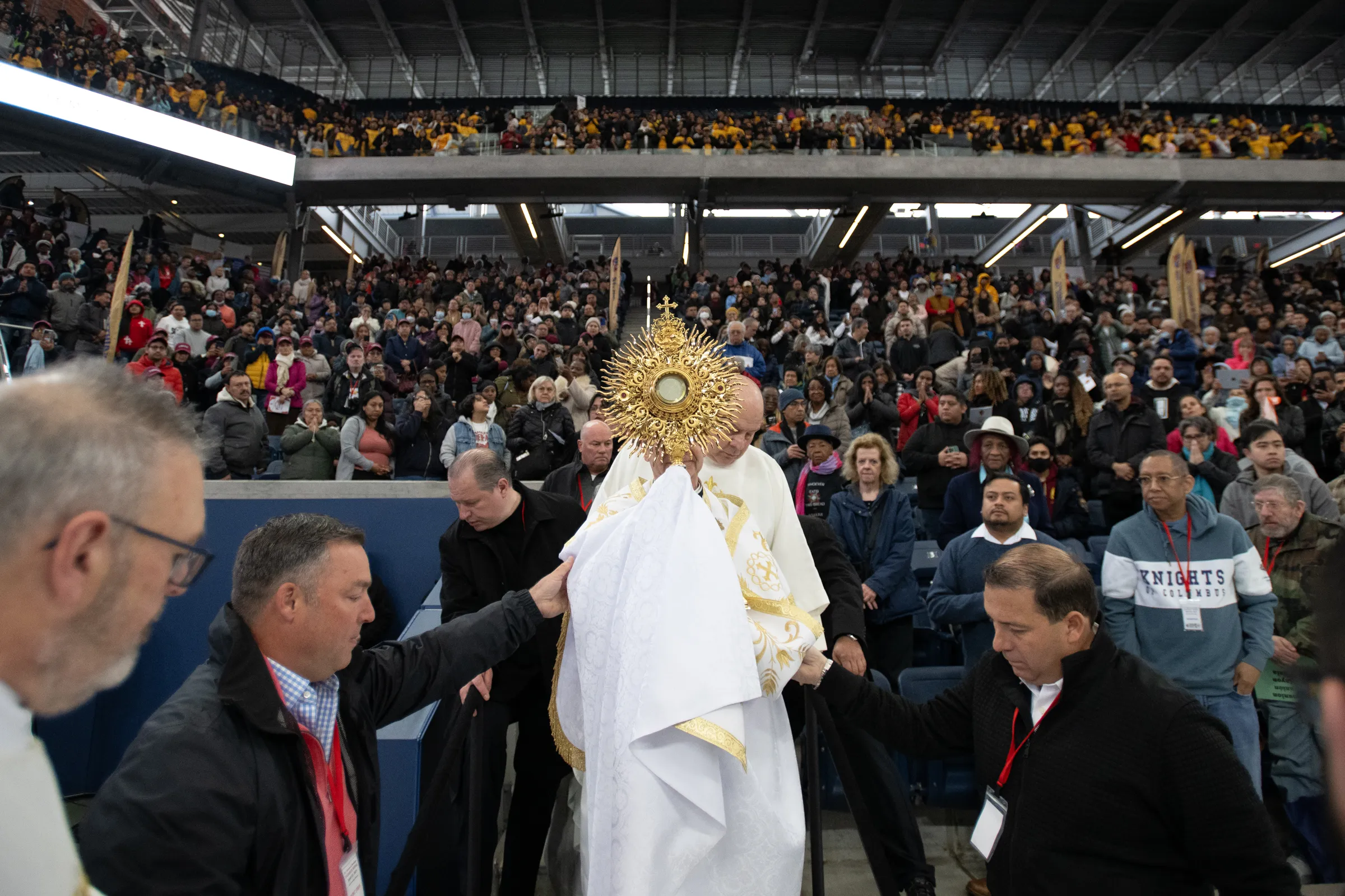 Brooklyn Bishop Robert Brennan leads a Eucharistic procession inside a packed Louis Armstrong Stadium in Brooklyn, New York, on April 20, 2024.?w=200&h=150