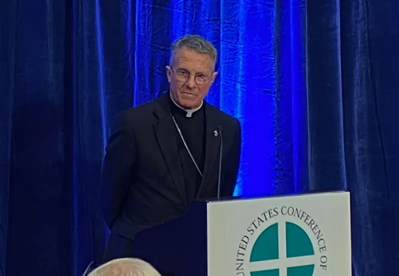 Archbishop Timothy Broglio, president of the United States Conference of Catholic Bishops, meets with reporters in Baltimore on Nov. 15, 2022.?w=200&h=150