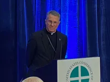 Archbishop Timothy Broglio, president of the United States Conference of Catholic Bishops, meets with reporters in Baltimore on Nov. 15, 2022.