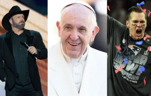 Singer-songwriter Garth Brooks (left), former NFL quarterback Tom Brady (right), and other celebrity guests will meet Pope Francis in an audience at Apostolic Palace on May 11, 2024, as participants in the Vatican’s World Meeting on Human Fraternity. Credit: SUZANNE CORDEIRO/AFP via Getty Images; Daniel Ibañez/CNA; TIMOTHY A. CLARY/AFP via Getty Images
