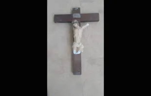 A crucifix which was destroyed during an attack on St. Kisito minor seminary in Bougui, Burkina Faso, Feb. 10, 2022. Aid to the Church in Need