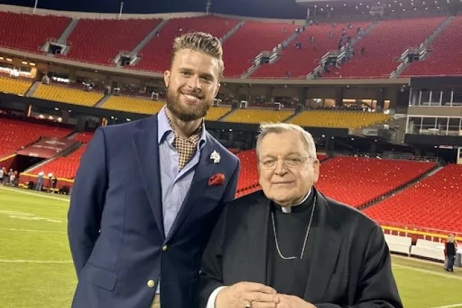 Harrison Butker and Cardinal Raymond Burke after Butker broke the Kansas City Chiefs’s field goal record in the 2022-2023 season.?w=200&h=150