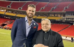 Harrison Butker and Cardinal Raymond Burke after Butker broke the Kansas City Chiefs’s field goal record in the 2022-2023 season. Credit: Austin Quick