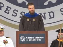 Two-time Super Bowl champion kicker Harrison Butker of the Kansas City Chiefs delivers his speech to graduates at Georgia Tech on Saturday, May 6, 2023.