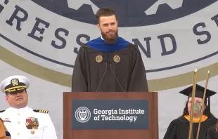 Two-time Super Bowl champion kicker Harrison Butker of the Kansas City Chiefs delivers his speech to graduates at Georgia Tech on Saturday, May 6, 2023. Credit: Georgia Tech/YouTube