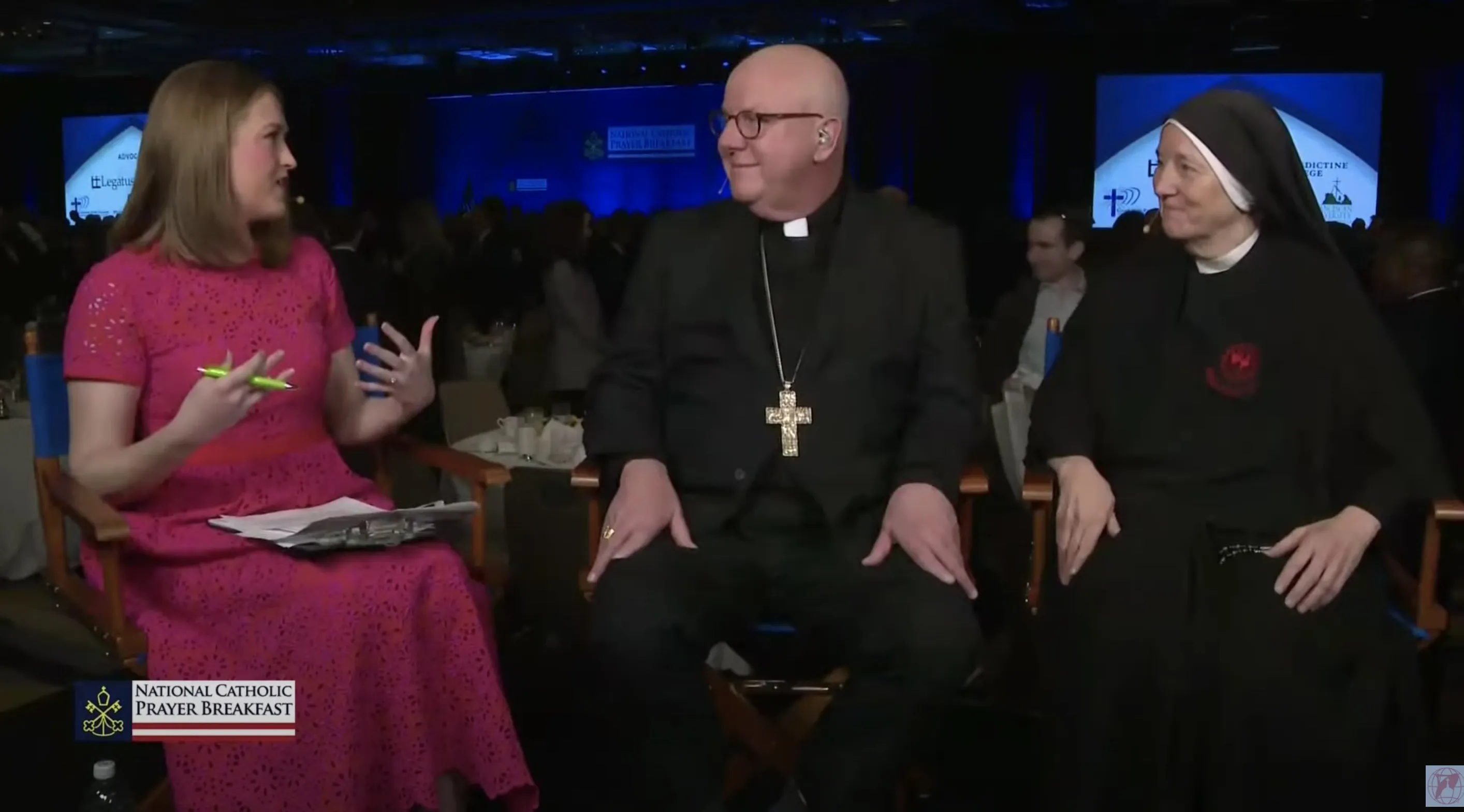Springfield Bishop William Byrne and his sibling Sister Dede Byrne speak to EWTN News’ Catherine Hadro at the 2024 National Catholic Prayer Breakfast in Washington D.C., Feb. 8, 2024.?w=200&h=150