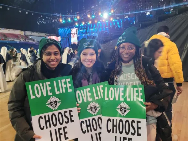 Danya, Maureen, and Elveda, students from the Franciscan University of Stubenville, attend Life Fest 2024. Credit: Peter Pinedo/CNA