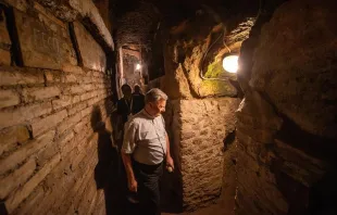 Synod of Synodality delegates tour the catacombs of St. Sebastian. Rome, Italy, Oct. 13, 2023. Credit: Daniel Ibanez