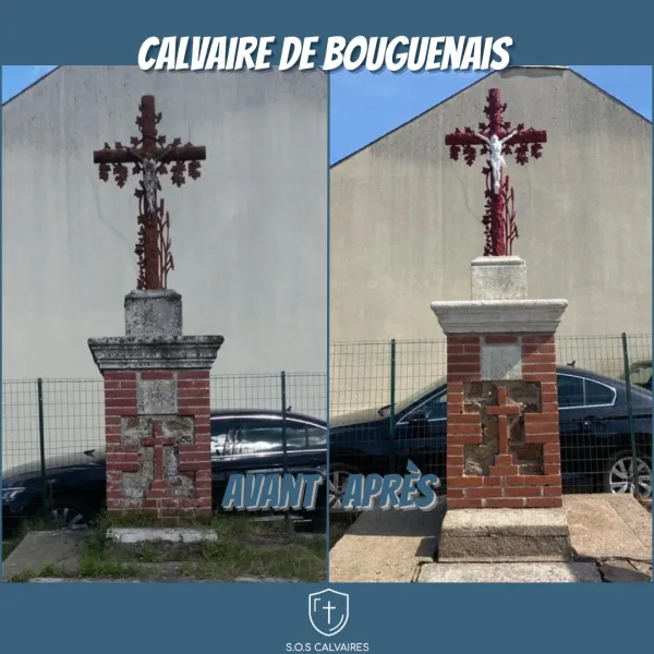 The before and after work of a crucifix by S.O.S. Calvaires, a French lay group, which says it aims to restore the artistic and religious heritage of France. Credit: S.O.S. Calvaires/Facebook