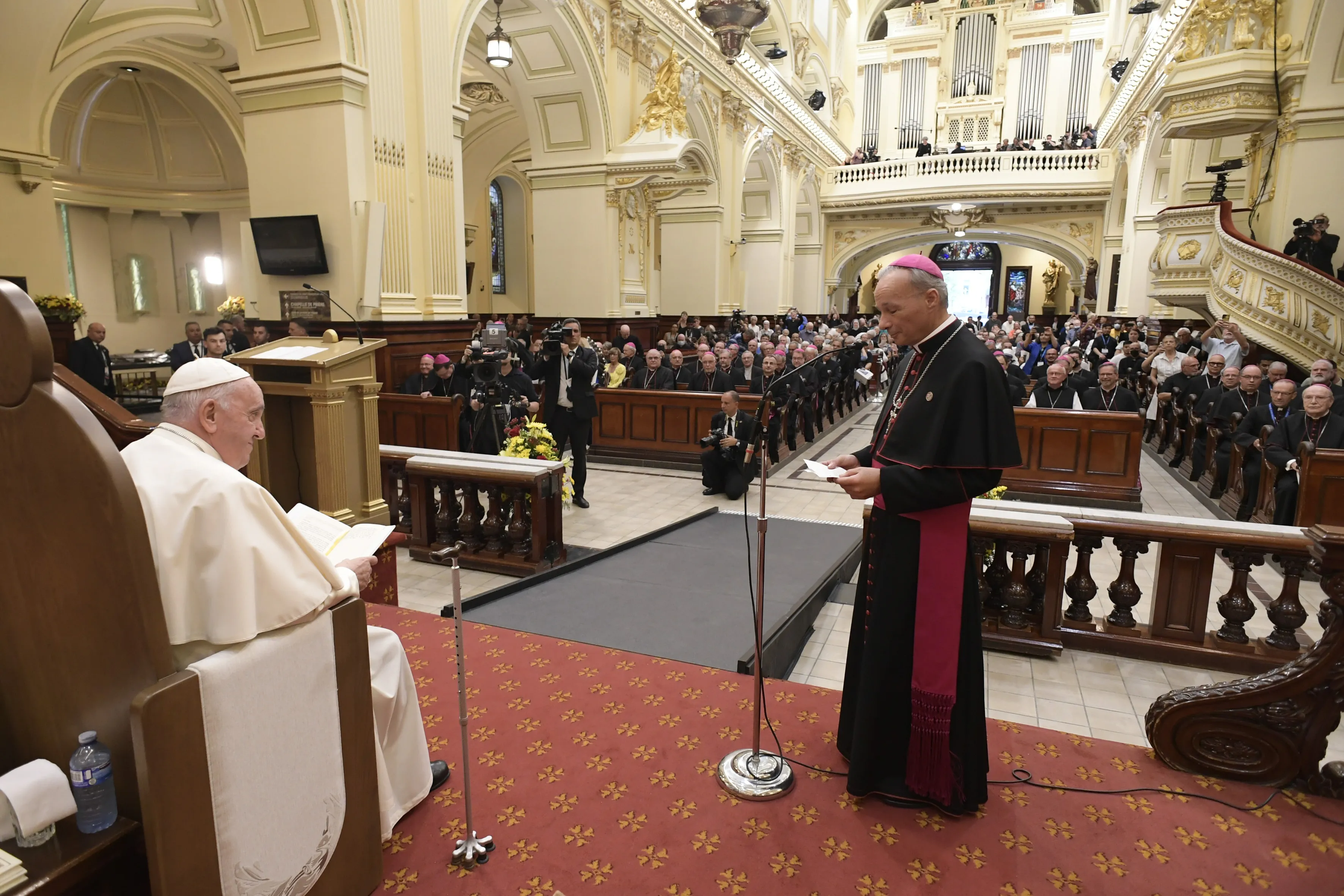 Pope Francis meets with clerics, consecrated persons, seminarians and pastoral workers of Canada at the Cathedral-Basilica of Notre-Dame de Québec in Quebec City, July 28, 2022.?w=200&h=150