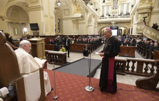Pope Francis meets with clerics, consecrated persons, seminarians and pastoral workers of Canada at the Cathedral-Basilica of Notre-Dame de Québec in Quebec City, July 28, 2022. Vatican Media