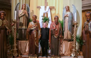 Father J.J. Mech, rector of the Cathedral of the Most Blessed Sacrament in Detroit, stands next to the life-sized statues of the apostles that have now been installed in the cathedral's worship space, along with first-class relics of each apostle. The "Journey with the Saints" pilgrimage, which will be dedicated Feb. 8, 2024, in a special ceremony with Archbishop Allen H. Vigneron, is part of the cathedral's ongoing transformation into an "apostolic center for the arts and culture." Credit: Photo courtesy of the Cathedral of the Most Blessed Sacrament and Detroit Catholic