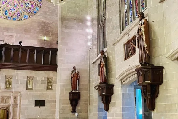 St. Simon, St. Thomas, and St. Matthias are pictured in their permanent fixtures atop the pillars inside the Cathedral of the Most Blessed Sacrament. The statues and relics of the apostles will be officially unveiled Feb. 8, 2024, as part of a permanent pilgrimage experience at the cathedral, "Journey with the Saints." Credit: Photo courtesy of Detroit Catholic