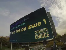 A billboard in Ohio paid for by Catholics for Choice in October 2023.